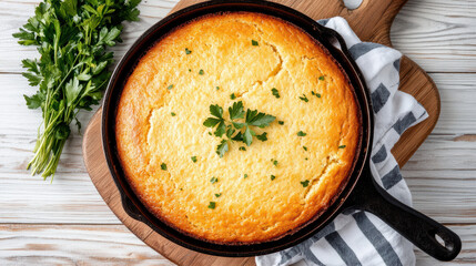 Homemade cornbread baked in cast iron skillet, garnished with fresh herbs, looks delicious