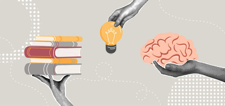 Trendy halftone collage. Education, ideas and knowledge. Concept of mental skills development, creativity development, self development, intelligence training, education.