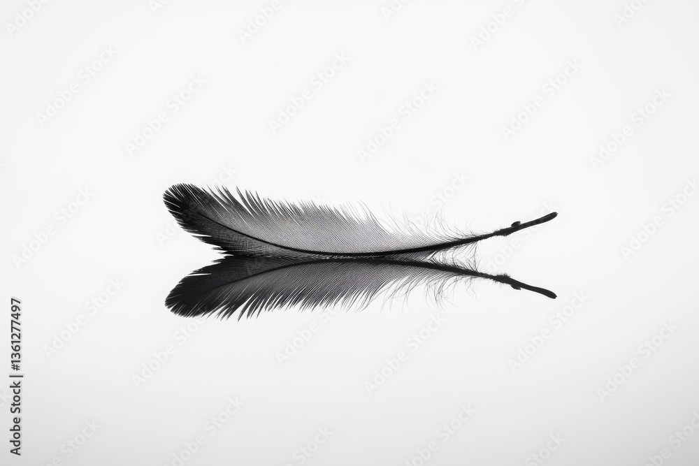 Poster a single feather, dark and light gray, resting on a reflective surface, creating a mirrored image