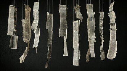 Strips of old newspapers hanging suspended against a dark background