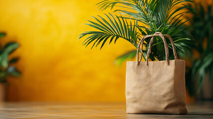 A textured bag with a palm plant against a vibrant yellow background.