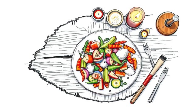 Hand-drawn sketch, top-down view of colorful meal prep on rustic wood, warm candlelight, flickering flames, warm glow, rough lines, textured pencil strokes, white background