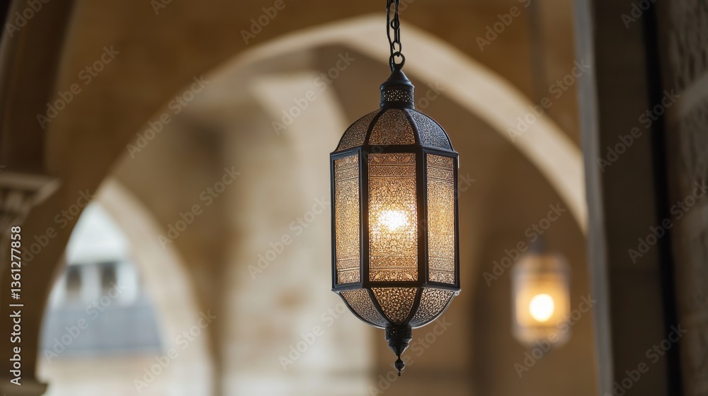 Aufkleber elegant hanging lantern casting warm light indoors in an architectural setting with soft blurred bac