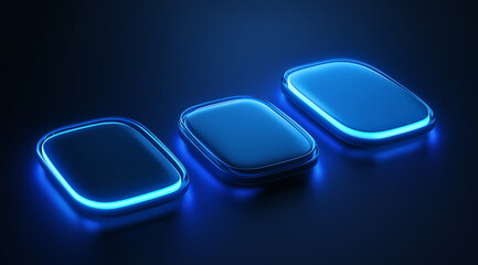 Three modern buttons with soft blue illumination are positioned on a sleek dark surface, creating a futuristic look