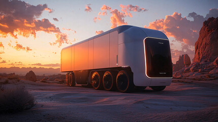 Futuristic truck in a rugged landscape at sunset.