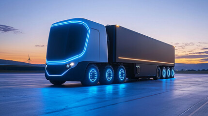 Futuristic truck with blue lights on a reflective surface at sunset.