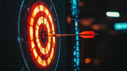 Precision in Action: Close-Up of Dart Hitting Center of Illuminated Target with Vibrant Red and Orange Lights