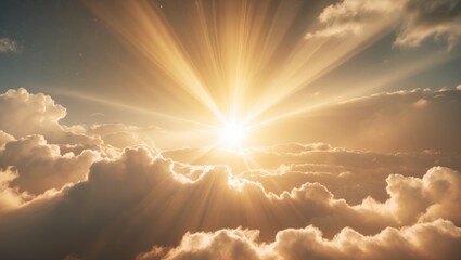 Bright sunlight rays pierce white clouds in a blue summer sky