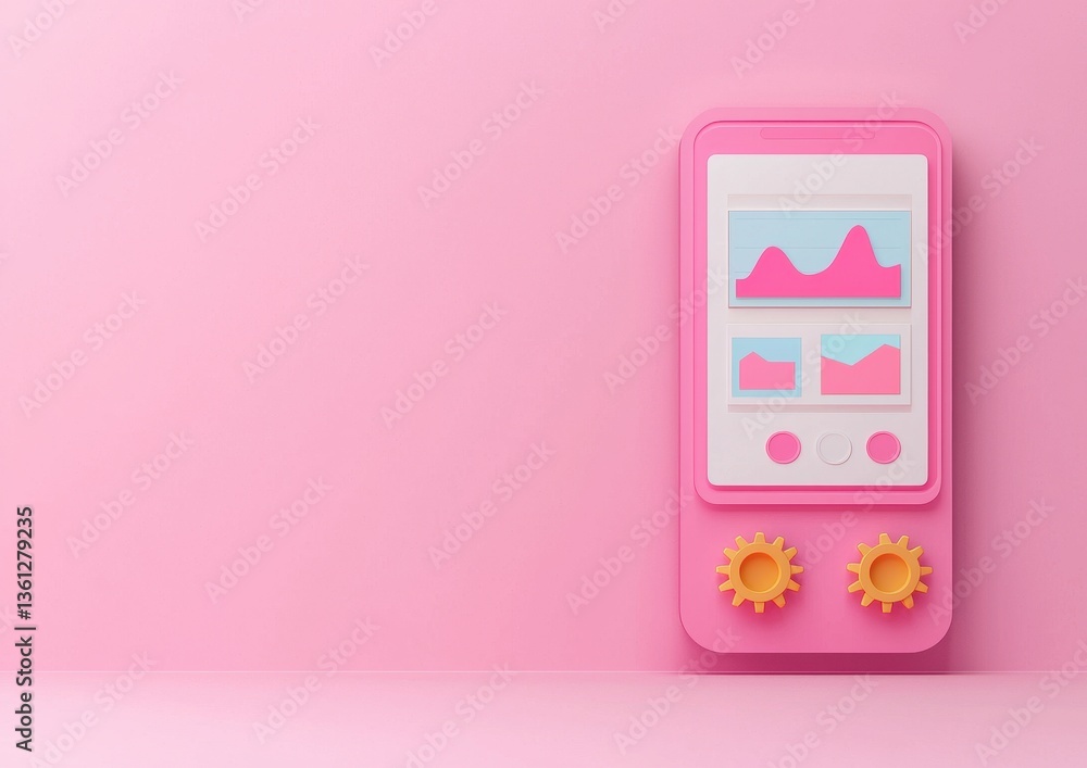 Poster vibrant pink retro device with colorful graphs and dials display