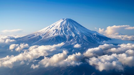 A majestic mountain peak covered in snow, standing tall above the clouds