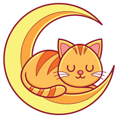 Cartoon Ginger Cat Curled Asleep on Crescent Moon, Simple Line Art Illustration, White Background