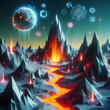 Low poly abstract futuristic artificial intelligence dynamic alien cityscape landscape with shape crystalline mountain and lava river 