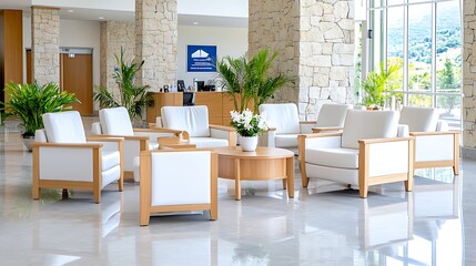 Modern lounge area with comfortable seating and indoor plants in bright space