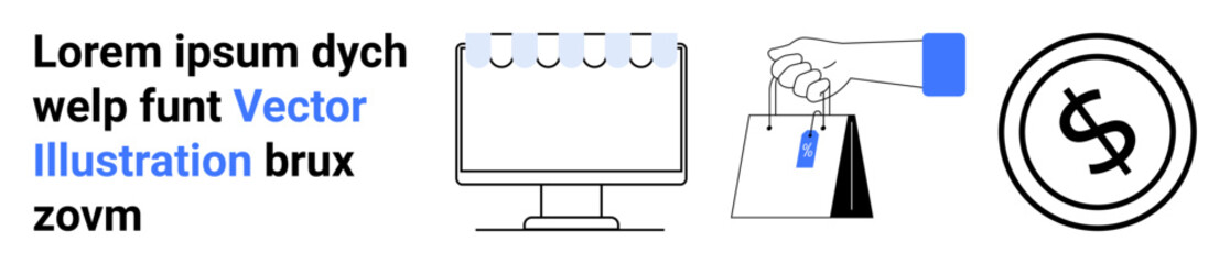Computer monitor with tabs, hand holding shopping bags with a tag, circular dollar sign. Ideal for e-commerce, online shopping, retail, finance, marketing business tech. Abstract line flat metaphor