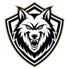 Fierce Black and White Wolf Howling on Golden Shield Emblem Mascot Design Art