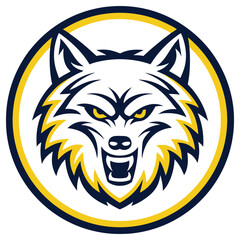 Angry Wolf Mascot Head within Circular Bold Lines, Yellow Eyes, Modern Design