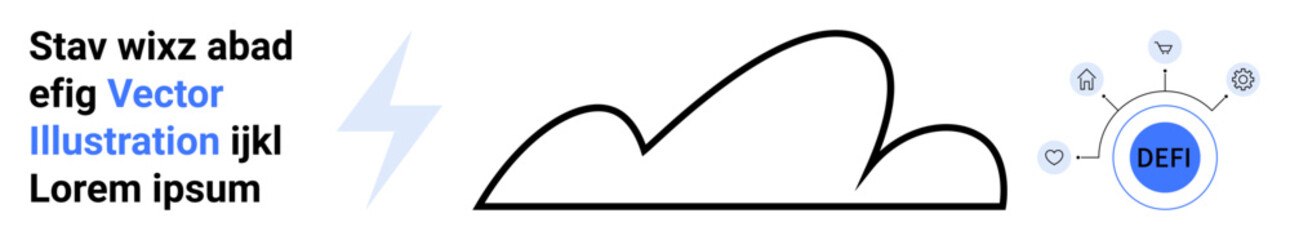 Abstract cloud, lightning bolt, and circular hub with DeFi text and connected nodes. Ideal for technology, finance, decentralization, cloud computing, energy, blockchain and a simple landing page