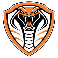 Aggressive Cobra Head in Orange and Black, Fangs Out, Shield Background, Detailed Style