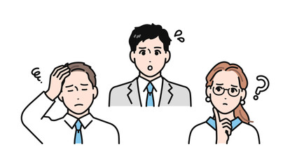 悩む表情のビジネスチームのシンプルなベクターイラストセット