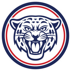 Angry Jaguar Head in Circle, Spots, Navy Blue, Red, Roaring, Wildcat, Teeth, Feline