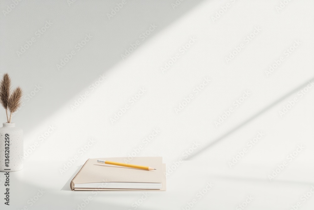Poster simple uncluttered desk with closed notebook and sharpened pencil resting on top positioned near edg