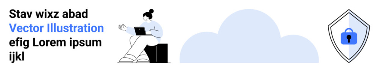 Woman using laptop, central cloud, shield with lock icon conveying cybersecurity, data storage, and user monitoring. Ideal for technology, security, cloud computing, online privacy remote work data