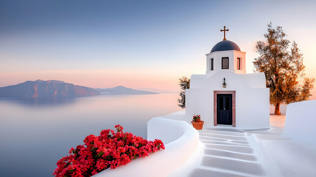 Whitewashed Church on a Cliffside Overlooking the Aegean Sea at Sunset