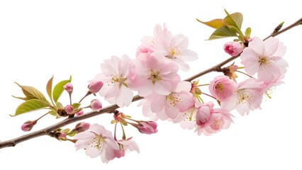 Fresh Cherry Blossom Branch with Soft Pink Flowers, Isolated on a White Background, evoking a sense of tranquility and renewal, Clean and Elegant Floral Stock Photo