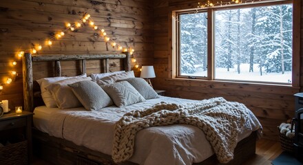 Cozy Rustic Bedroom Warm Winter Light. AI Generated