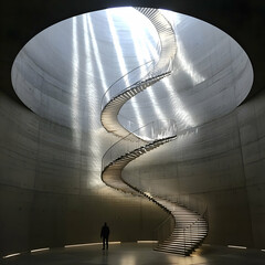 Person Walking on a Spiral Wooden Staircase in a Modern Concrete Building