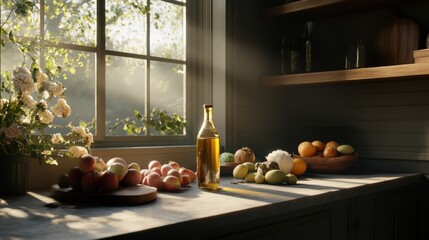 Fototapeta premium Sunlit Kitchen Scene with Fresh Fruits, Vegetables, and Olive Oil Bottle on Wooden Table by Window