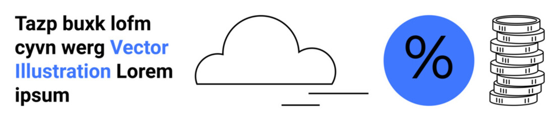 Cloud shape, blue percentage icon, and stacked coins symbolizing cloud computing, finance, and savings. Ideal for technology, finance apps, investment, data storage analytics marketing simple