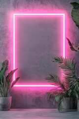 This striking image features a vibrant neon pink frame enveloped by lush foliage, creating an inviting and energetic atmosphere against a textured backdrop.