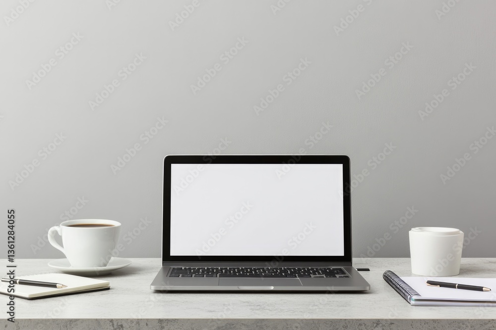 Poster sleek desk setup with modern laptop open to blank document showcasing clean design and minimalistic 