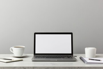 sleek desk setup with modern laptop open to blank document showcasing clean design and minimalistic aesthetic