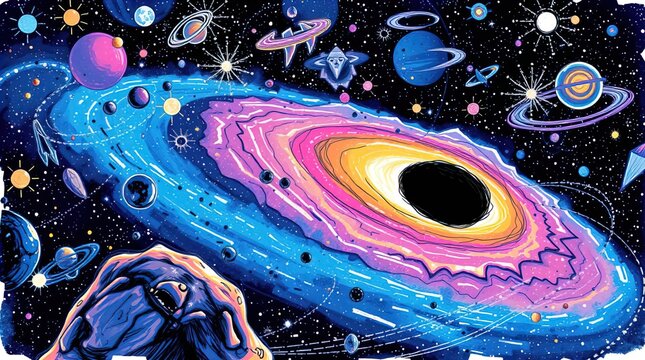 A color sketchnote style hand-drawn sketch of space, galaxies, and black holes