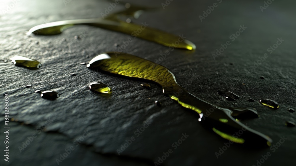 Poster close-up view of olive oil droplets on black slate surface with highlighted reflection and texture d