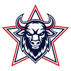 Stylized Bull Mascot Emblem within Red & Blue Star, Bold Outline, Animal Symbol