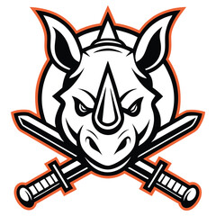 Stylized Rhino Head with Crossed Swords, Black, Orange, and White Mascot Emblem