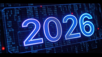 Futuristic Digital Clock Displaying Year 2026 with a Cyberpunk Background, tech inventions, artificial intelligence growth 2026, new year 2026