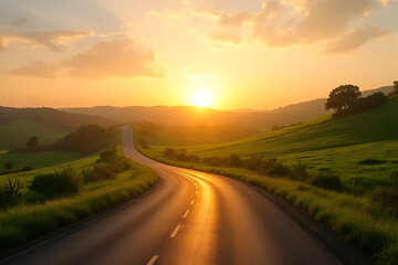 Driving towards the sunset on a serene road in nature's landscape capturing tranquility