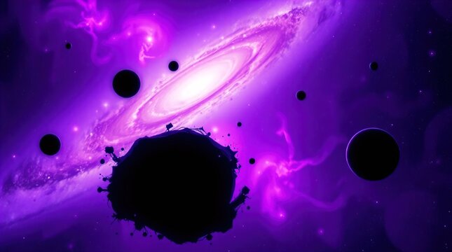 A graceful and elegant space scene featuring a galaxy and black holes in deep ultraviolet hues, vivid purples, and high contrast