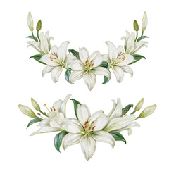 Vector wreath of White Lily flower hand draw watercolor. © Walliya silachan