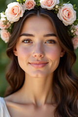 Naklejka premium Portrait of a young woman with floral crown outdoor setting lifestyle photography natural light