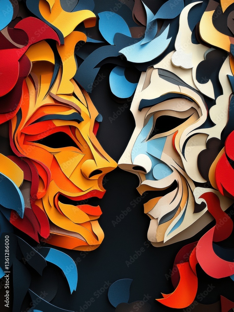 Aufkleber masterful paper cut illustration of comedy and tragedy masks with dramatic lighting and vibrant colo