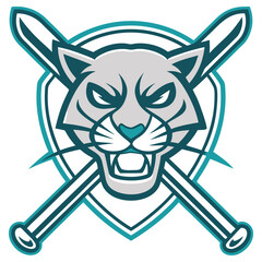 Cartoon Gray Cat Feline Mascot with Teal Baseball Bats and Shieldshape Logo design