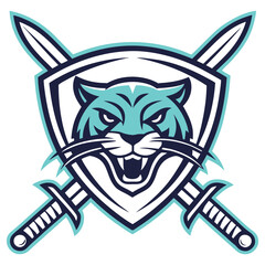 Cyan Tiger Head Shield Logo with Crossed Swords, Bold Outlines, Isolated on White