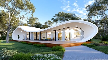 Obraz premium Modern Curved House Design Surrounded by Greenery in Bright Daylight Landscape