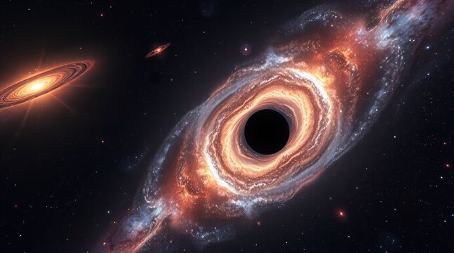 A high-resolution commercial stock photo of space, galaxies, and black holes from a bird&rsquo;s eye view, featuring a top-down perspective and professional quality