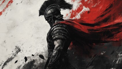 a digitally painted spartan warrior in profile with a flowing red cape evoking themes of courage strength and timeless warrior spirit